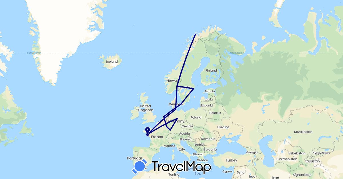 TravelMap itinerary: driving in Germany, Denmark, France, Luxembourg, Netherlands, Norway, Sweden (Europe)